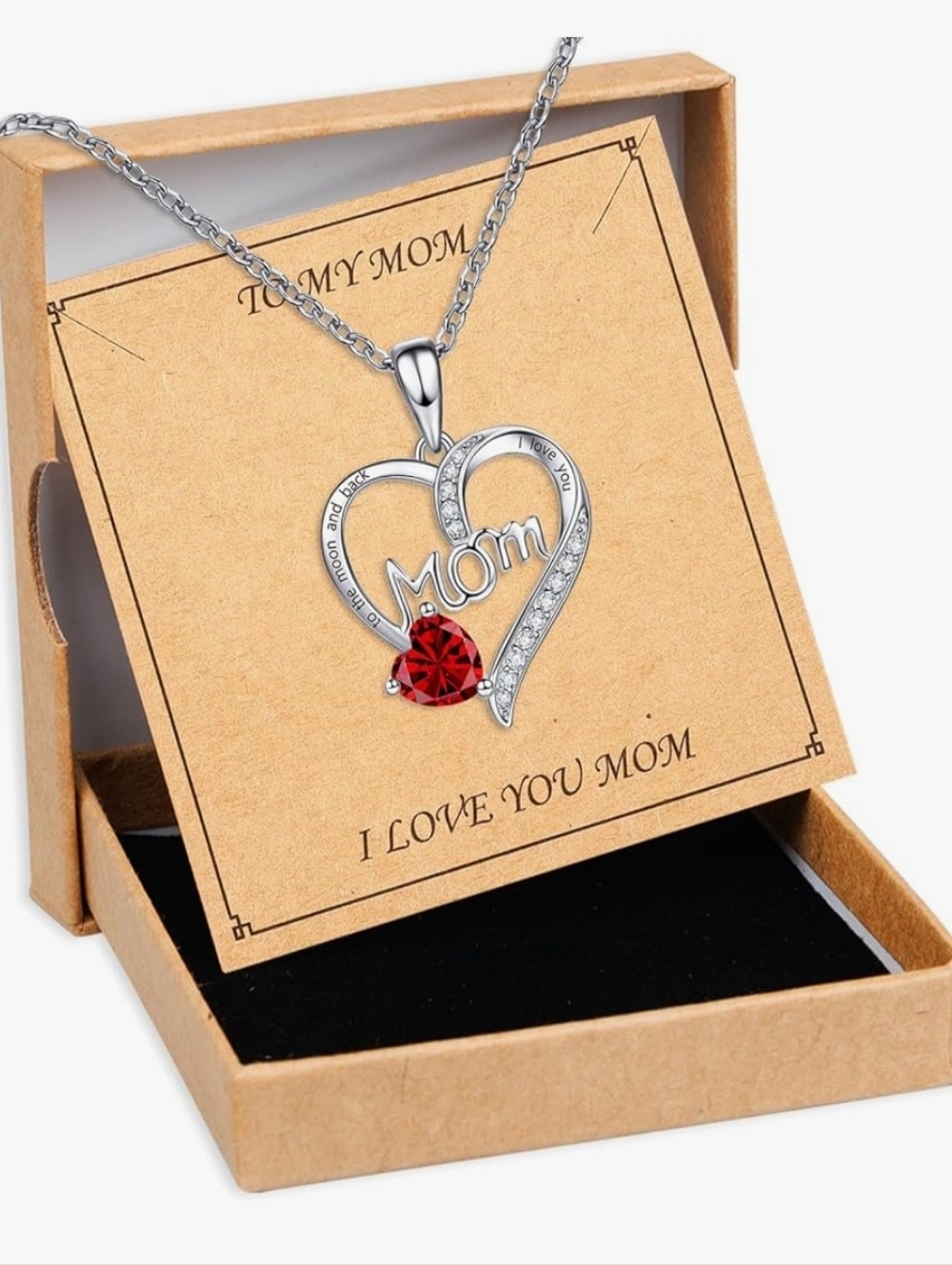 Silver 'Mom' Heart Pendant Necklace with Red Crystal - I Love You Mom